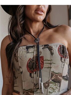 Strapless Western Print Corset Top - Neutral Tan & Olive